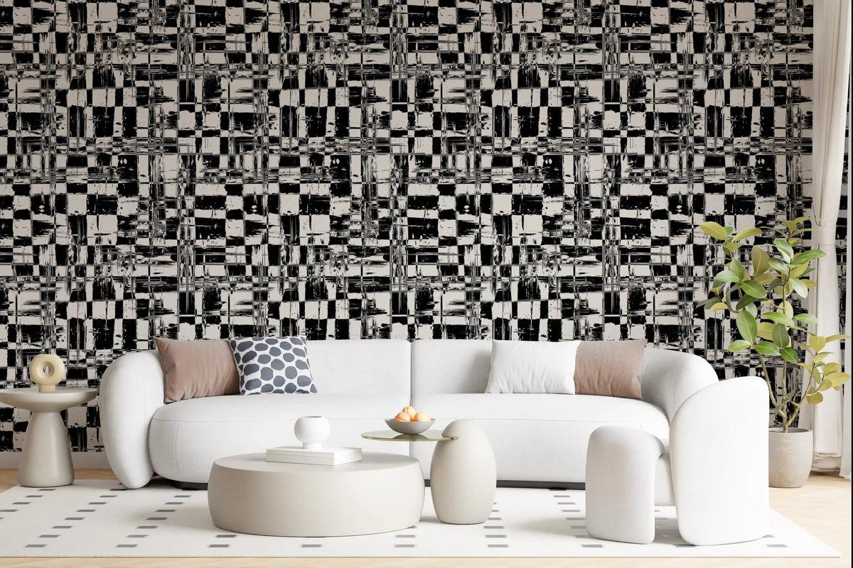Abstract ink grid mural wallpaper behind a white curved sofa and ottomans GD12488