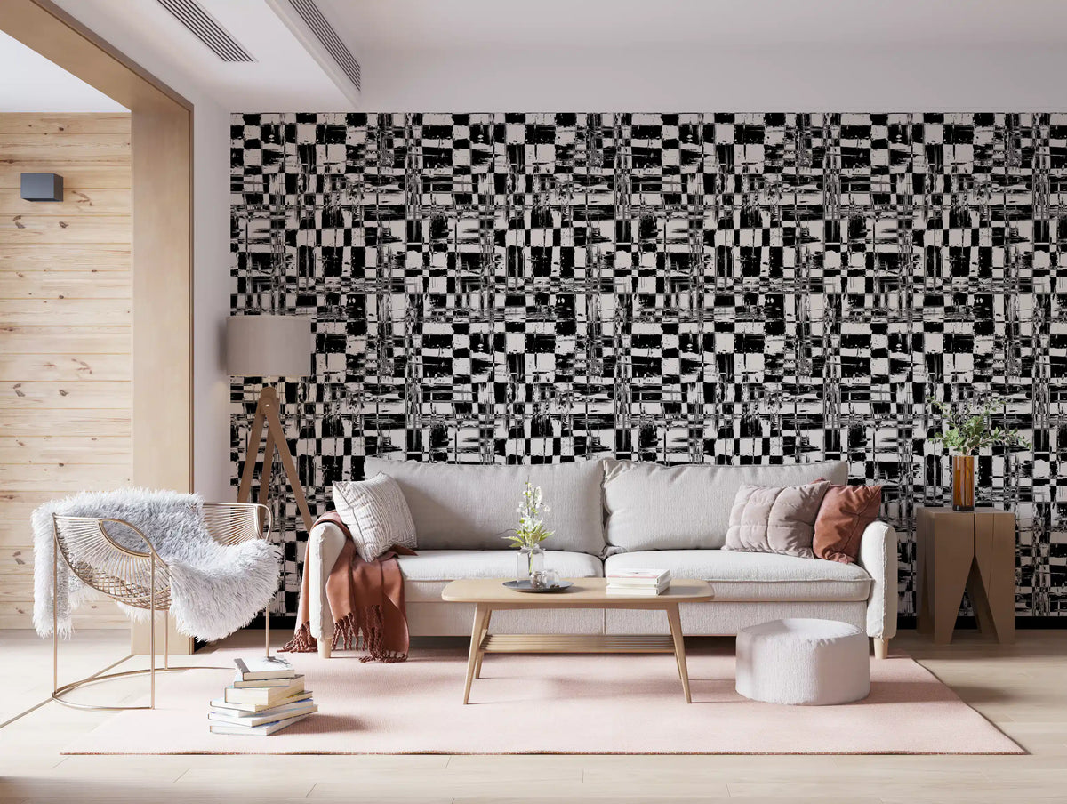 Abstract ink grid mural wallpaper behind a cream sofa with pink rug GD12488