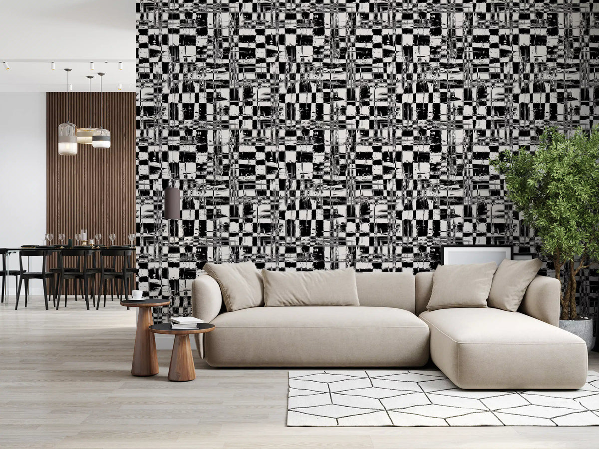 Abstract ink grid mural wallpaper behind a beige sofa and geometric rug GD12488