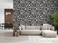 Abstract ink grid mural wallpaper behind a beige sofa and geometric rug GD12488