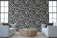 Abstract ink grid mural wallpaper behind pale blue armchairs and wood table GD12488