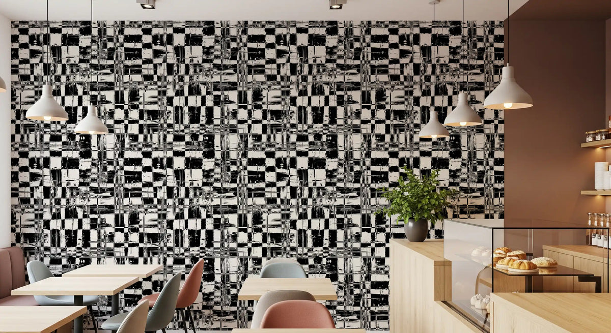 Black and white abstract grid wallpaper in a cafe with terracotta accent GD12488