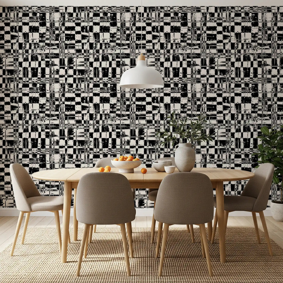 Abstract grid wallpaper in a dining room with wood table and taupe chairs GD12488