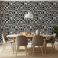 Abstract grid wallpaper in a dining room with wood table and taupe chairs GD12488
