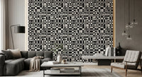 Abstract grid wallpaper in a lounge with grey sectional and marble table GD12488
