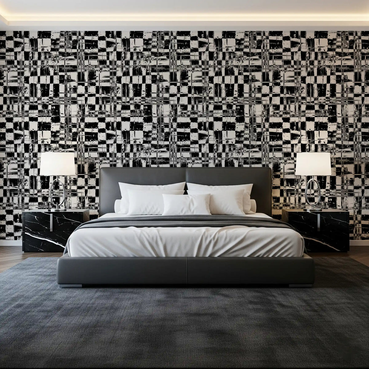 Black and white abstract grid wallpaper above a grey platform bed GD12488