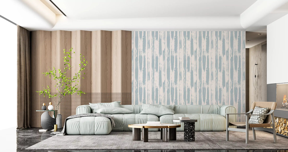 Nordic painted stripe wallpaper behind a mint green sofa and wood slat wall GD12490