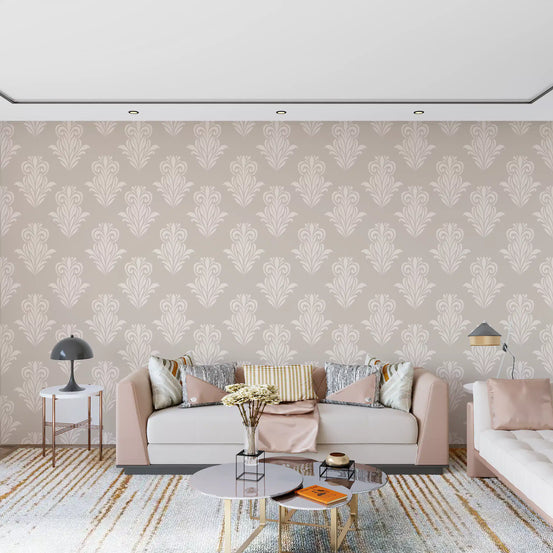 Cream damask scroll wallpaper in a living room with a blush sofa and patterned rug GD12492