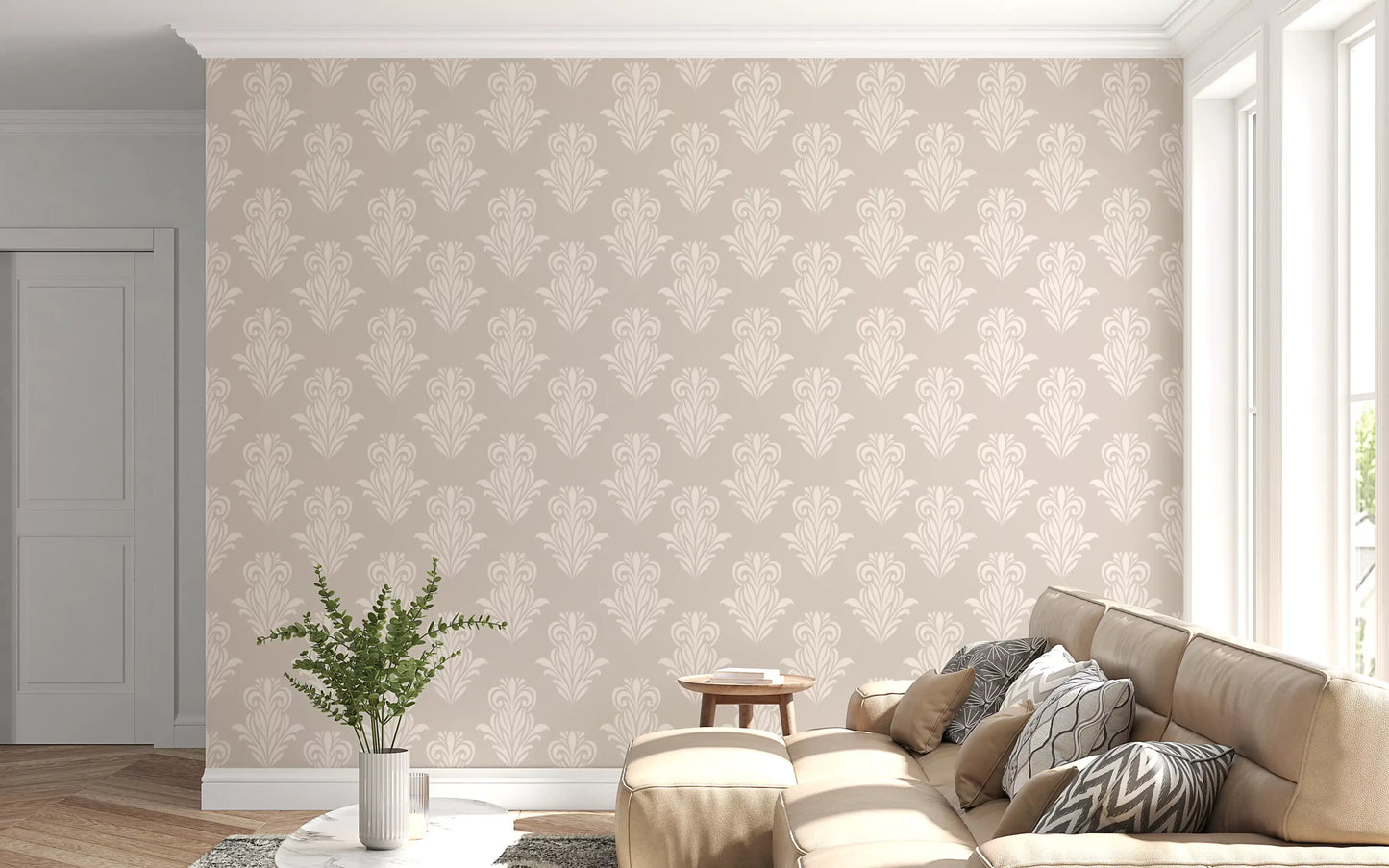 Creamy Damask Scroll Pattern Wallpaper⁠