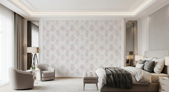 Grey brushed damask wallpaper in a bedroom with soft bedding and an armchair GD12493