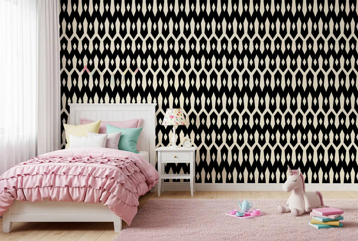 Girls bedroom with pink ruffled bedding on abstract interlocking diamond wallpaper GD12494