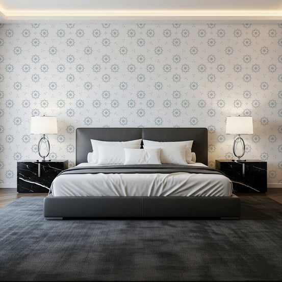 Nordic starburst grid wallpaper in a bedroom with a dark grey bed and lamps GD12496