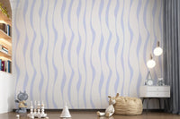 Flowing blue hues wallpaper in a nursery with wooden toys and a rabbit GD12498