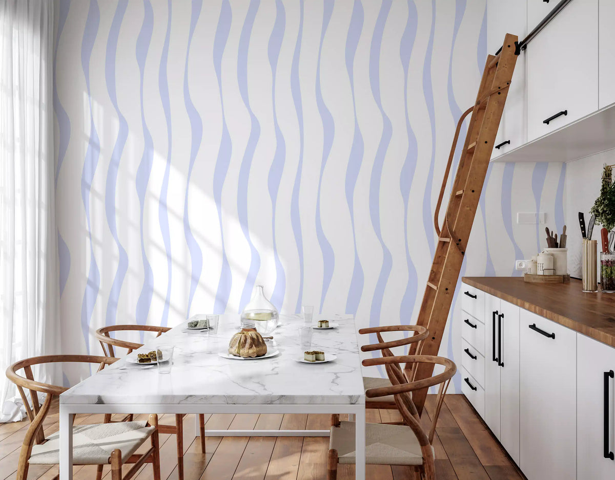 Vertical blue wave wallpaper in a dining nook with a marble table and ladder GD12498