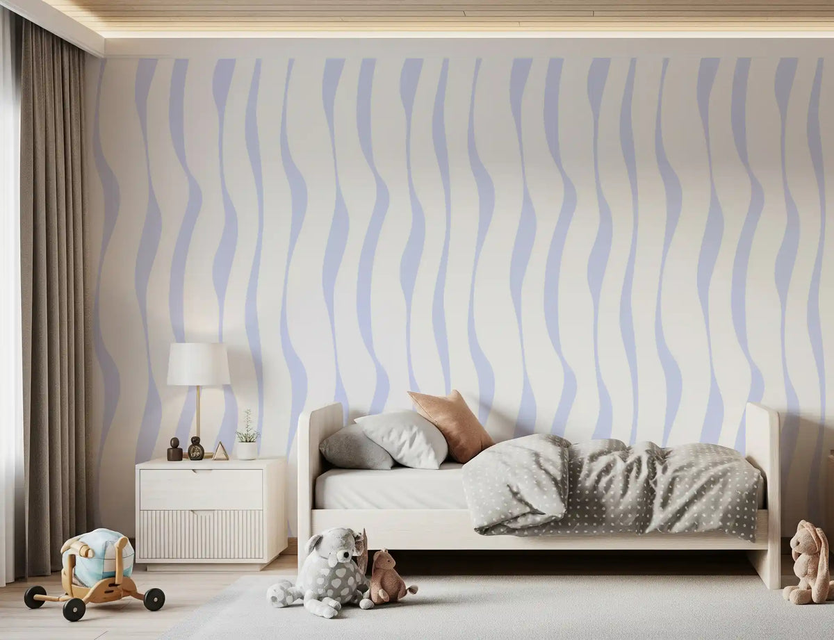 Vertical blue wave wallpaper in a child's bedroom with a single bed GD12498