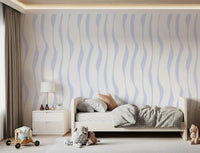 Vertical blue wave wallpaper in a child's bedroom with a single bed GD12498