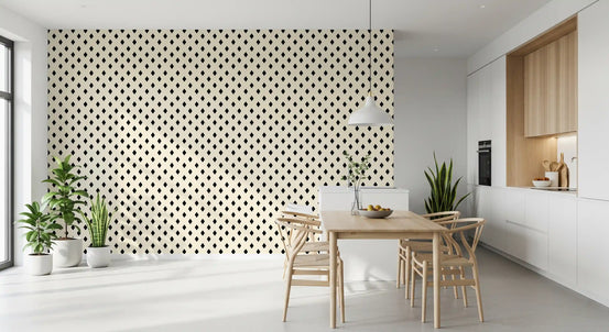 Diamond grid wallpaper in a kitchen diner with a wood table and wishbone chairs GD12501