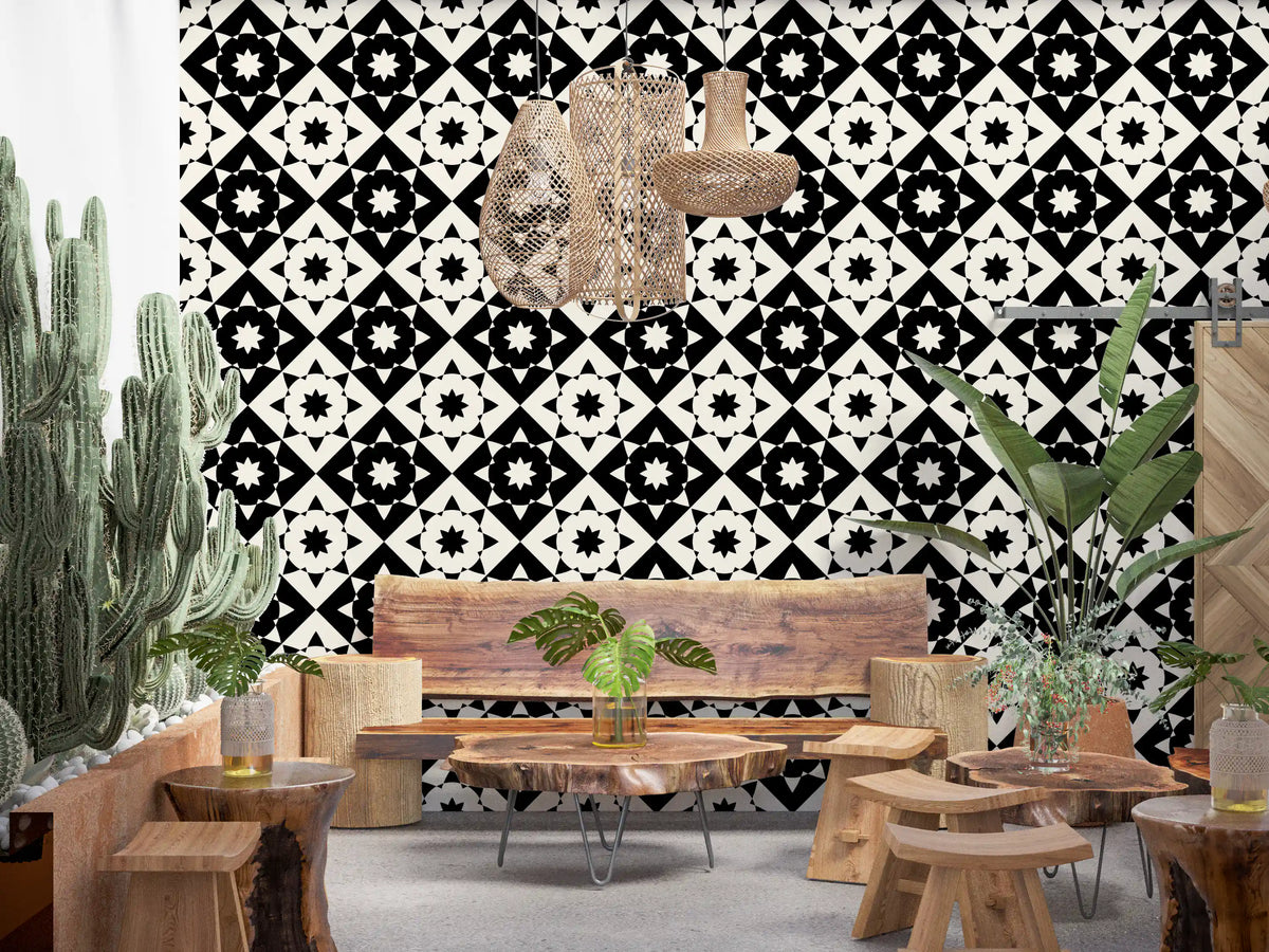 Graphic starburst wallpaper in a boho living room with a cactus and wooden furniture GD12503