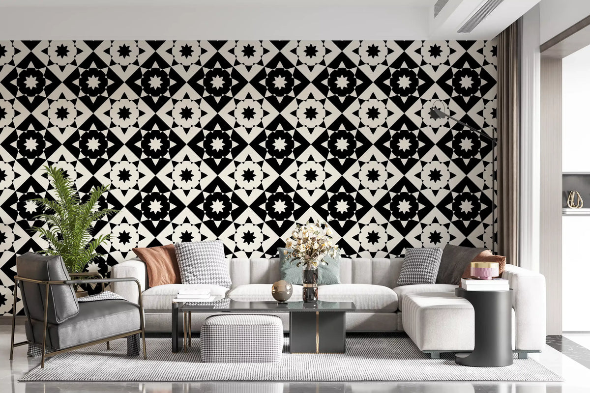 Starburst geometric wallpaper in a living room with a grey sectional and accent chair GD12503