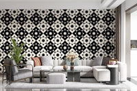 Starburst geometric wallpaper in a living room with a grey sectional and accent chair GD12503