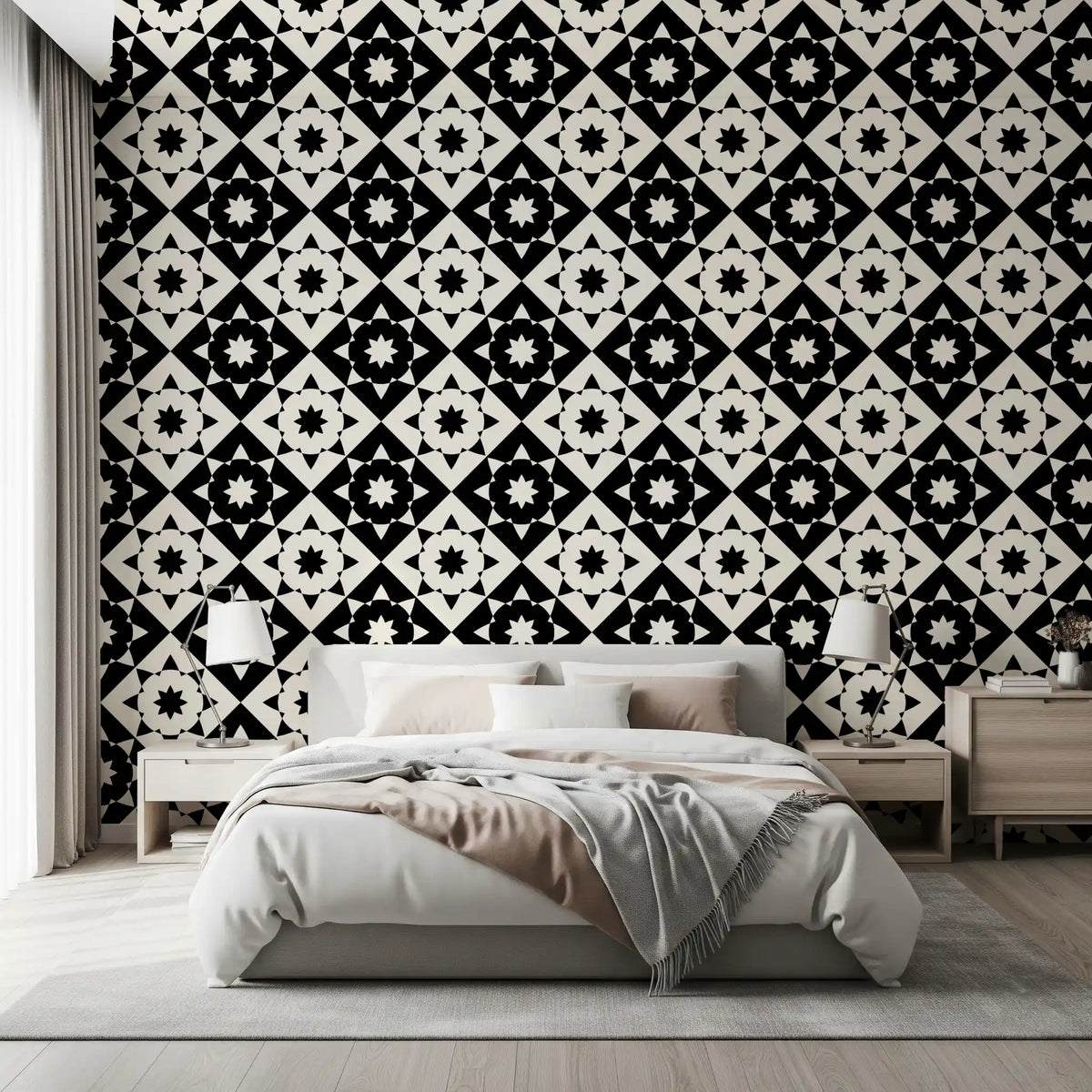 Monochrome geometric wallpaper above a white bed with matching nightstands GD12503