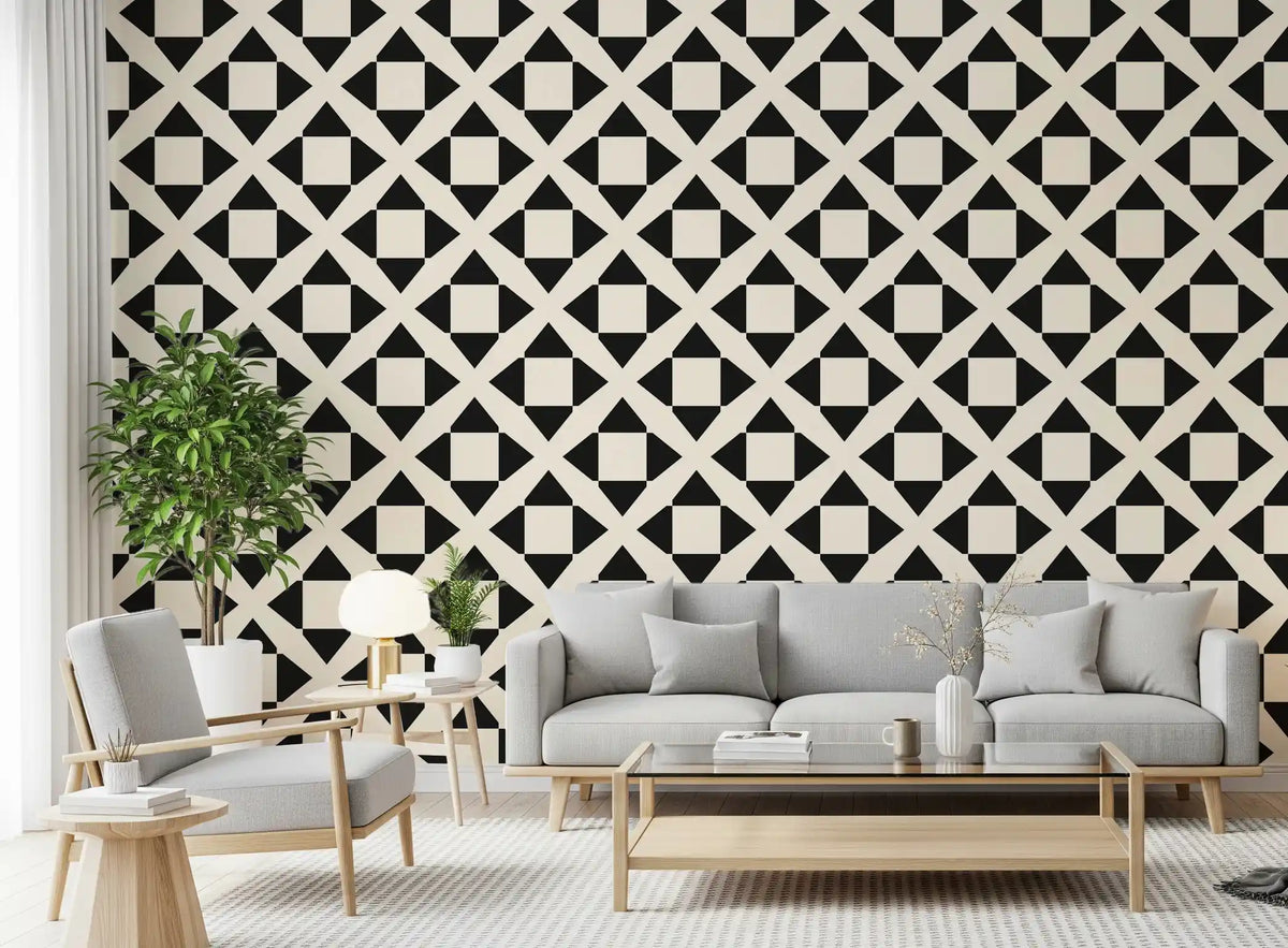 Black and white diamond grid wallpaper in a lounge with a grey sofa GD12504