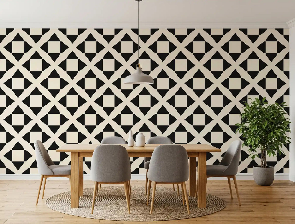 Black and cream lattice wallpaper in a dining room with a round jute rug GD12504