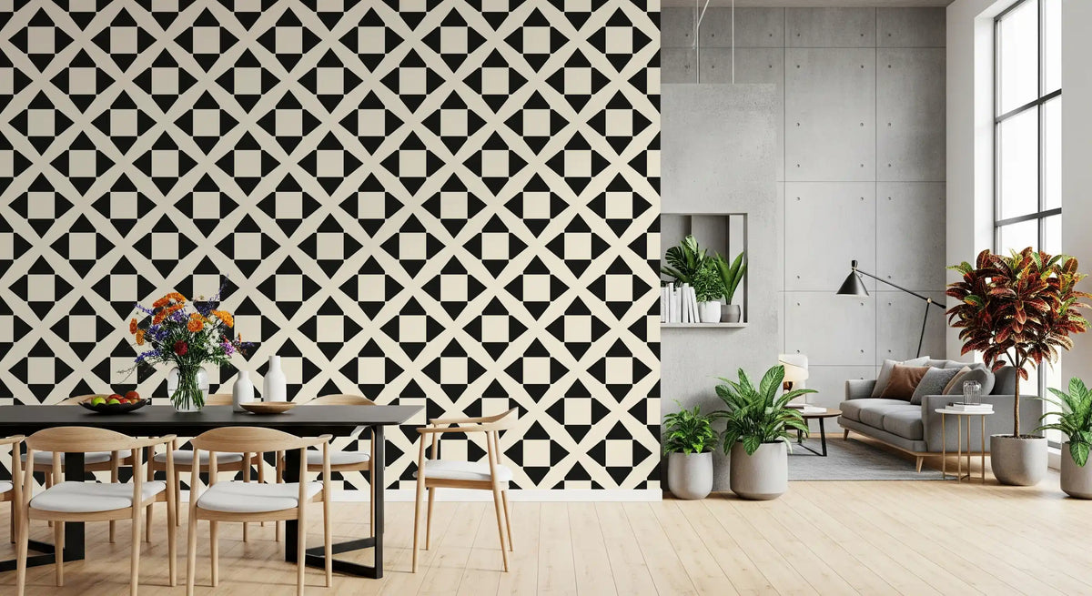 Diamond lattice wallpaper in a dining area with a black table and white chairs GD12504