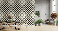 Diamond lattice wallpaper in a dining area with a black table and white chairs GD12504