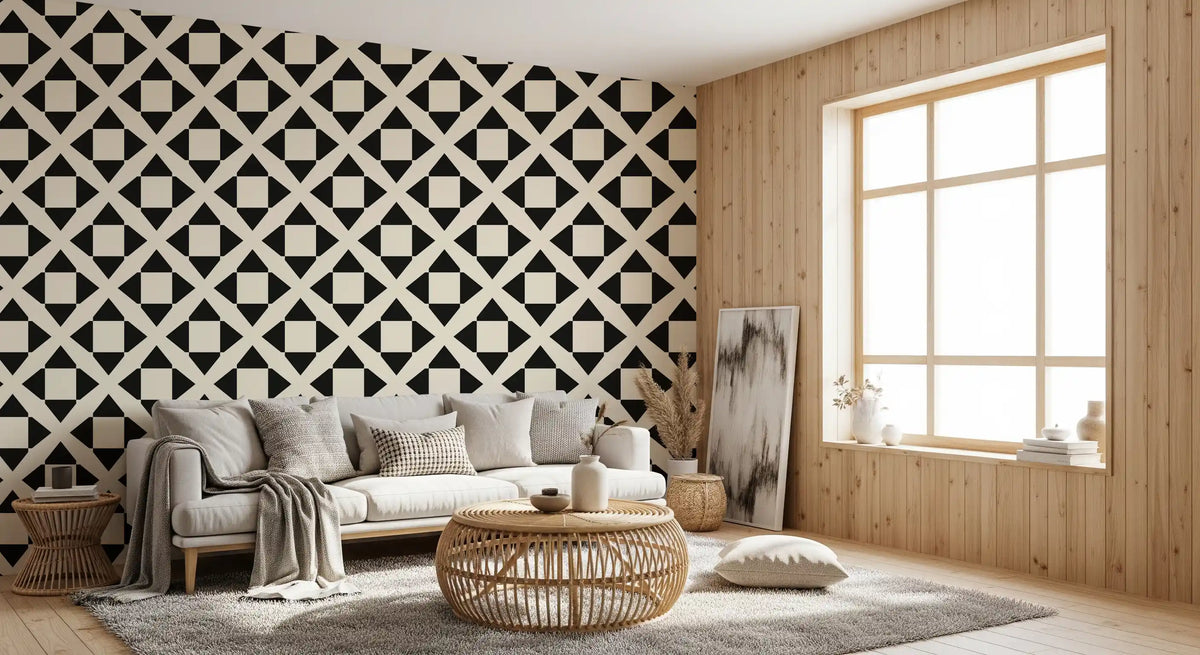Diamond grid wallpaper in a cosy nook with a cream sofa and wood panelled window GD12504