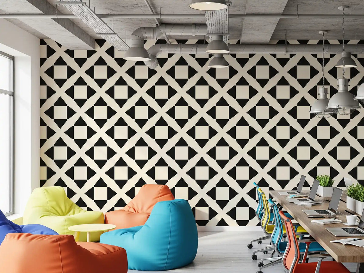 Black and cream diamond grid wallpaper in an industrial loft office with colourful bean bags GD12504