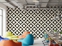 Black and cream diamond grid wallpaper in an industrial loft office with colourful bean bags GD12504