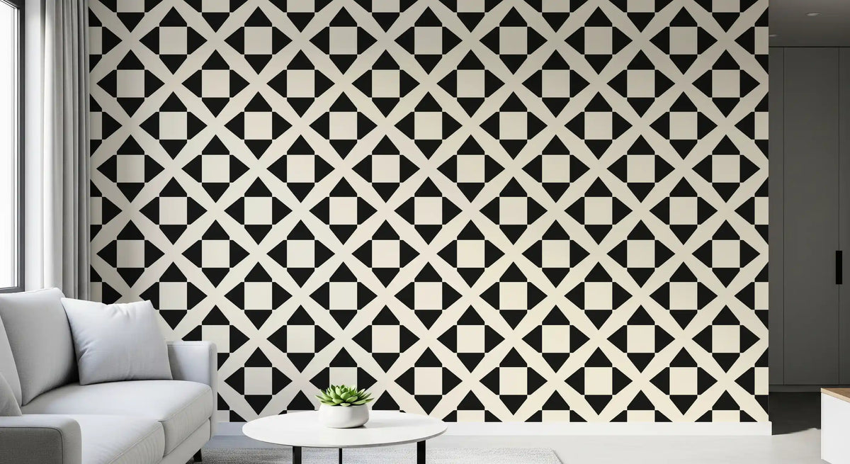 Diamond grid wallpaper close up behind a white sofa and round side table GD12504