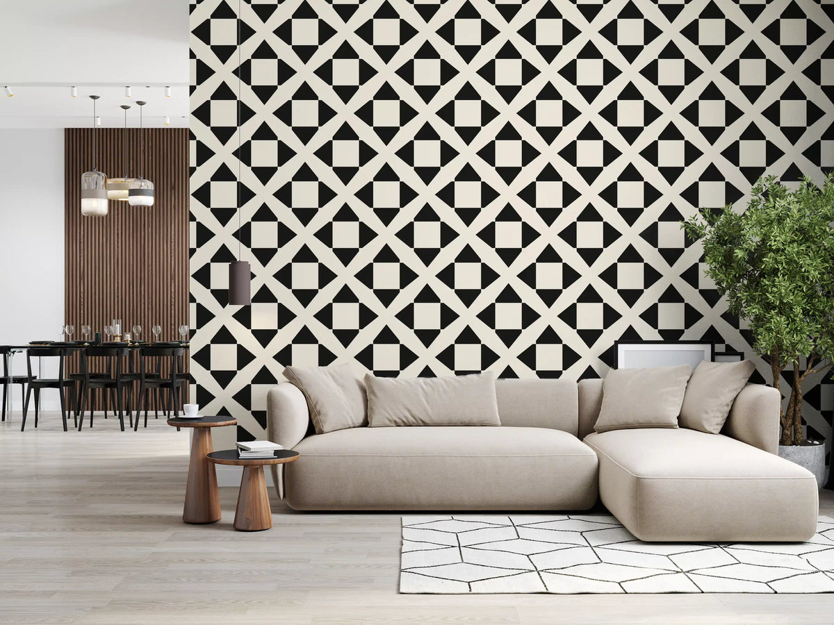 Minimalist diamond grid wallpaper behind a beige sectional and wood slat divider GD12504