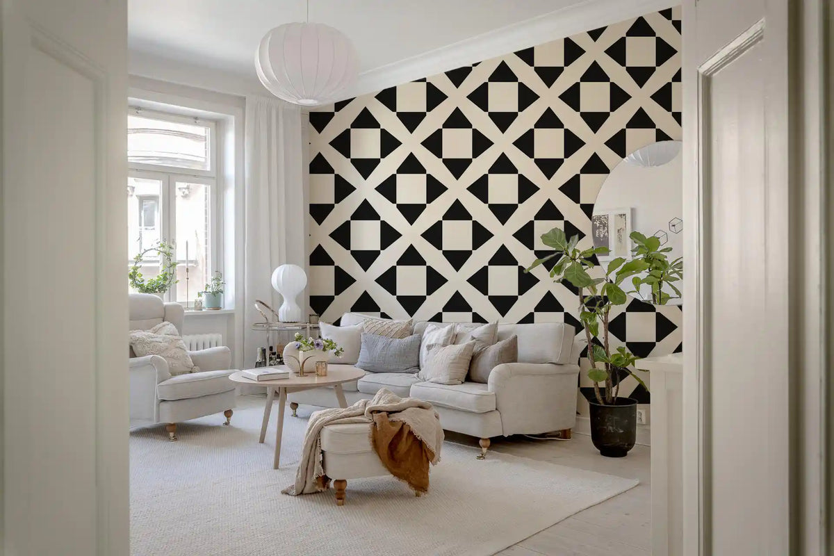 Minimalist lattice wallpaper in a cosy living room with cream armchairs GD12504