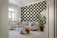 Minimalist lattice wallpaper in a cosy living room with cream armchairs GD12504