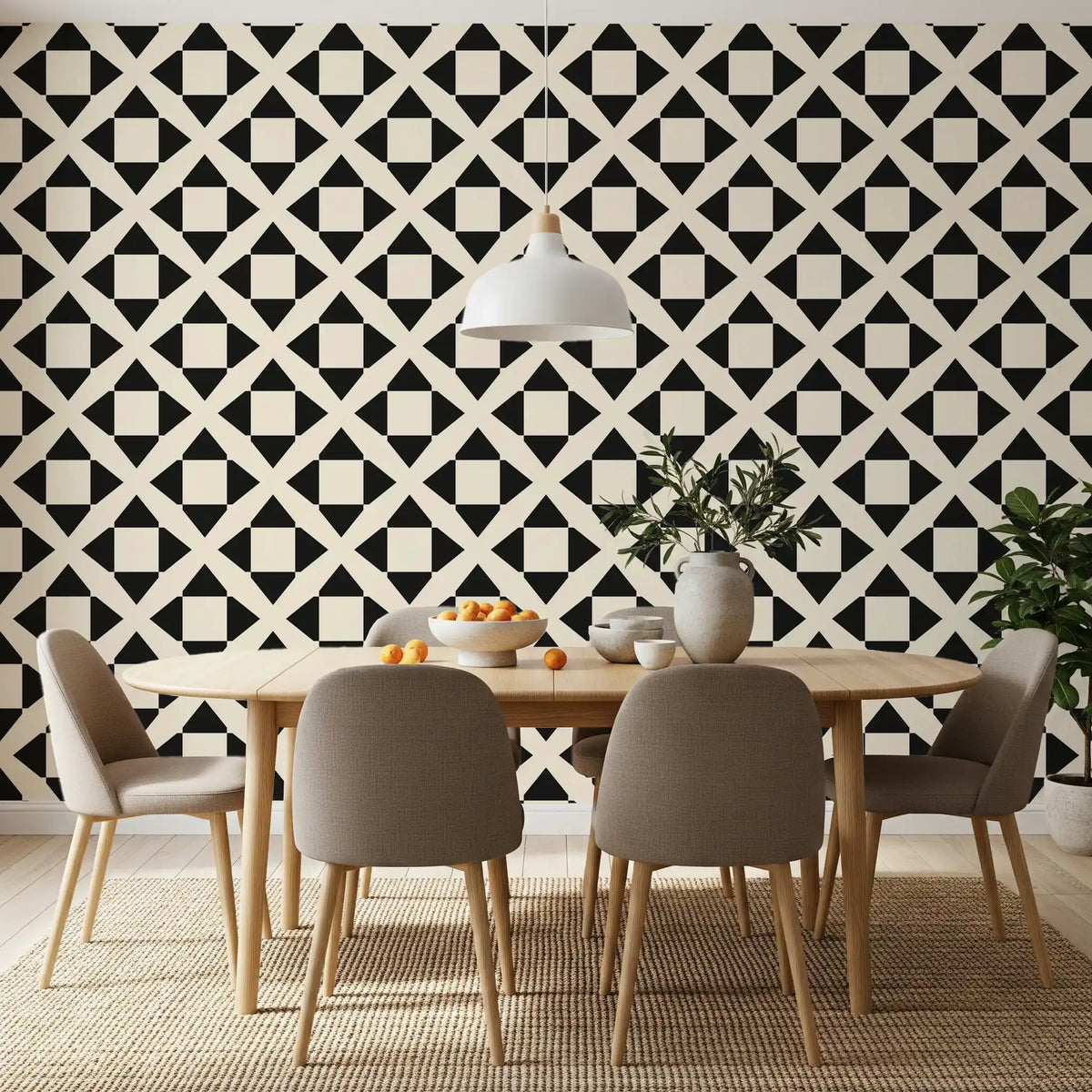 Diamond grid wallpaper in a dining room with a wooden table and taupe chairs GD12504