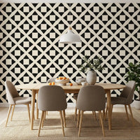Diamond grid wallpaper in a dining room with a wooden table and taupe chairs GD12504