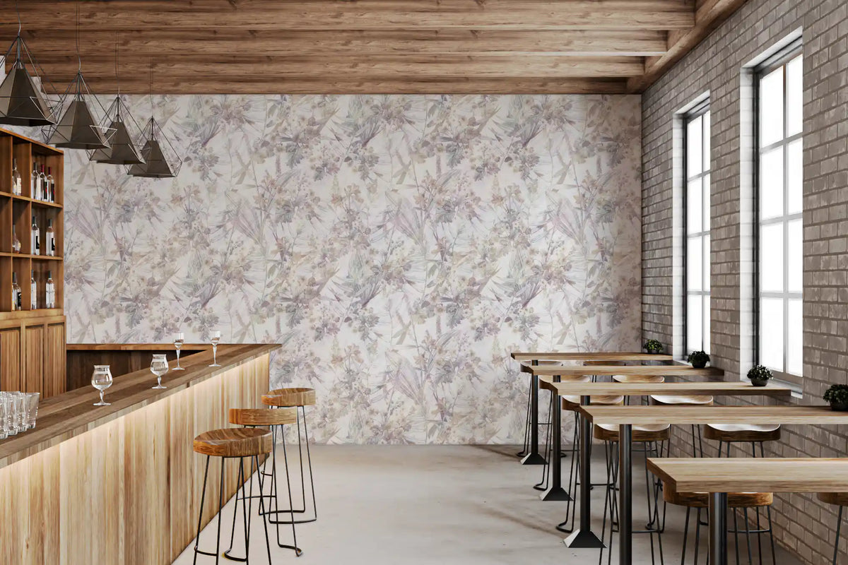 Watercolour floral wallpaper in a cafe bar area with wooden stools and brick GD12505