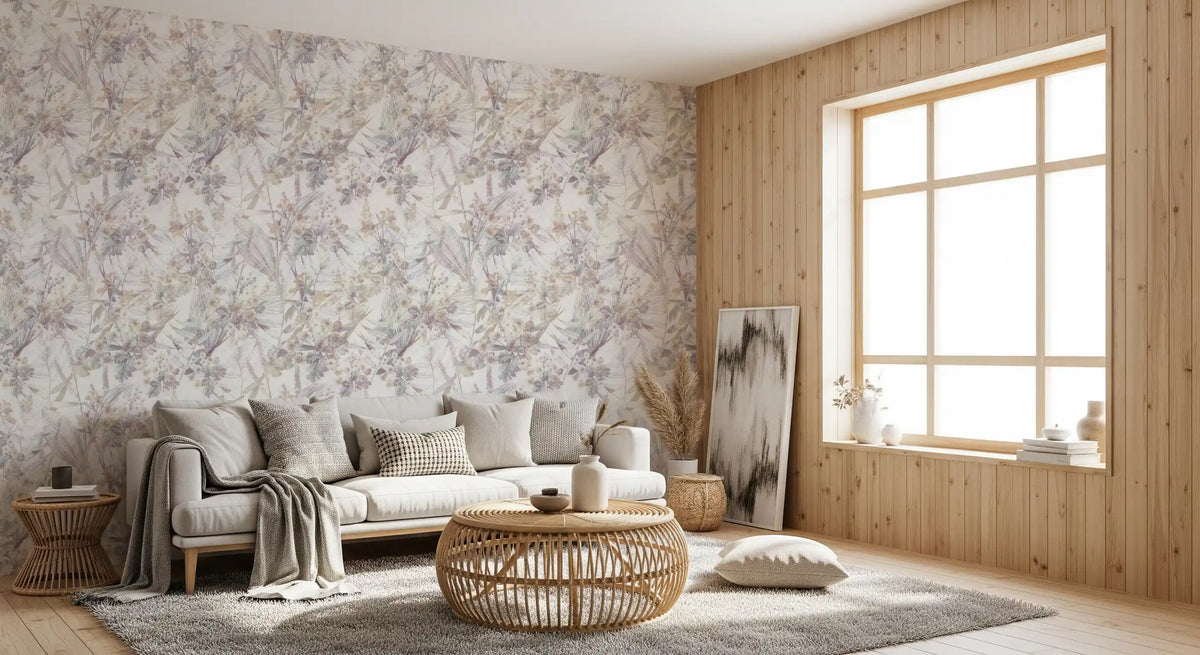 Botanical bloom wallpaper in a cosy living room with a cream sofa and wood panelled window GD12505