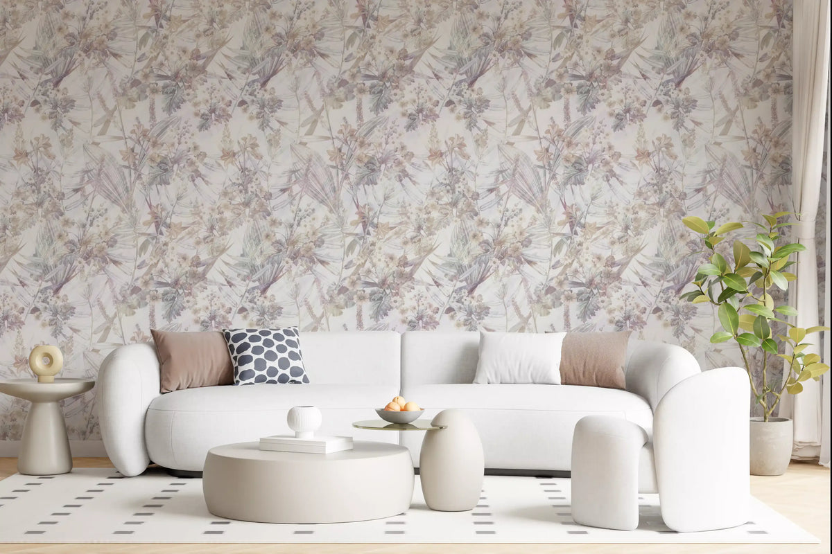 Botanical bloom wallpaper in a living room with a white curved sofa and blush cushions GD12505