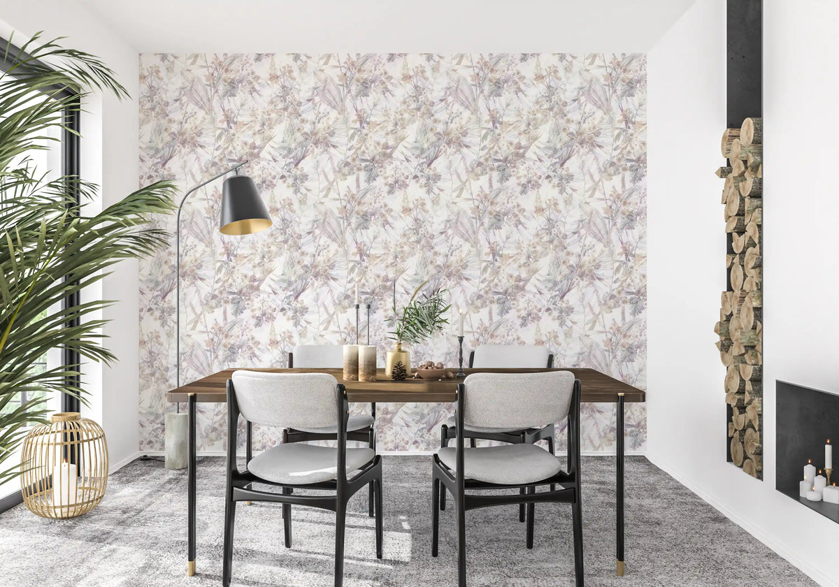 Watercolour meadow wallpaper in a dining area with a wooden table and fireplace GD12505