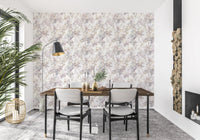 Watercolour meadow wallpaper in a dining area with a wooden table and fireplace GD12505