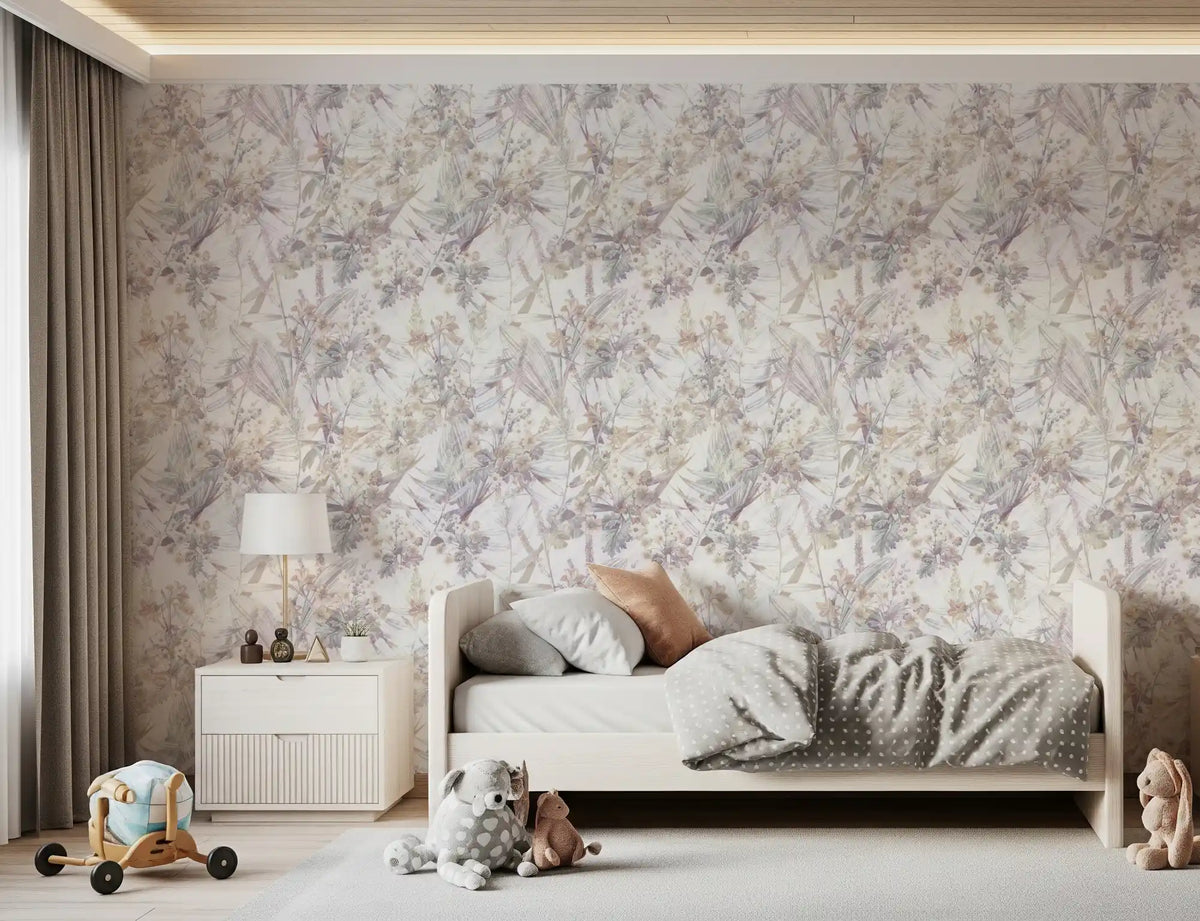 Ethereal meadow wallpaper in a nursery with a white bed and soft toys GD12505