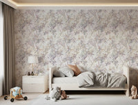 Ethereal meadow wallpaper in a nursery with a white bed and soft toys GD12505