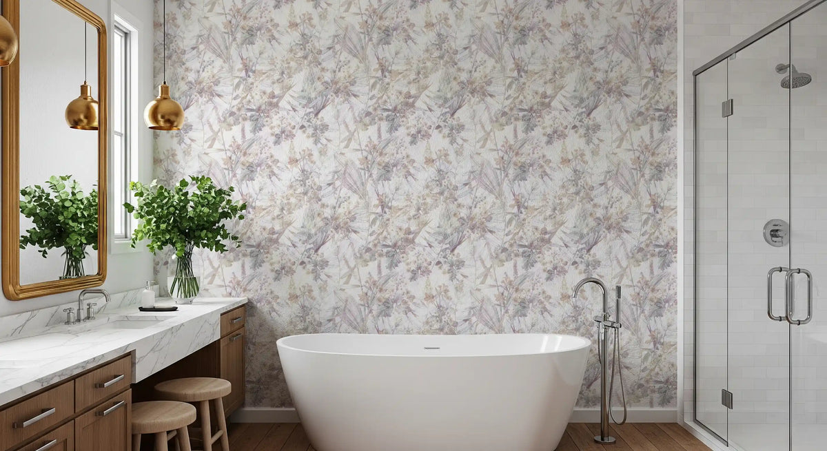 Soft meadow botanical wallpaper in a bathroom with a freestanding tub and gold mirror GD12505
