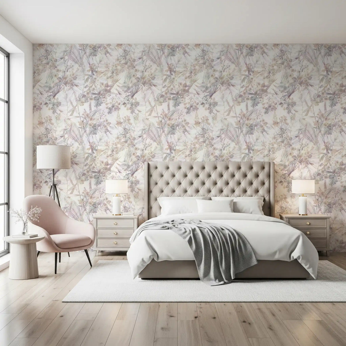 Ethereal meadow botanical wallpaper in a bedroom with a tufted bed and pink chair GD12505