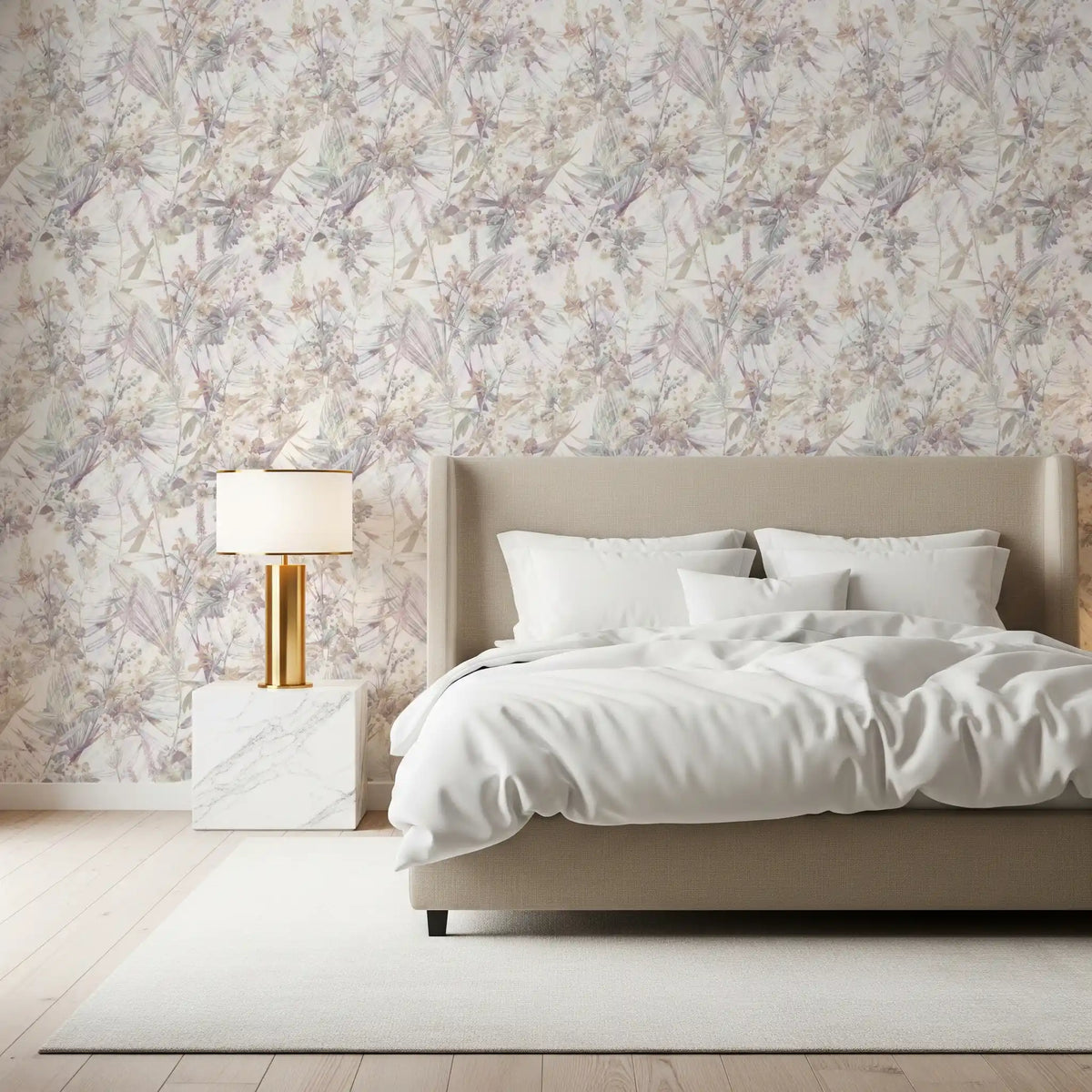 Botanical meadow wallpaper behind a beige bed with a gold lamp and marble nightstand GD12505