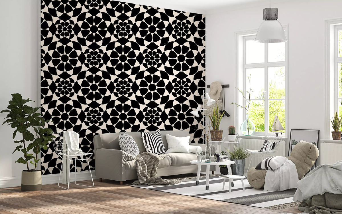Black and cream circle grid wallpaper in a bright living room with a white sofa GD12506