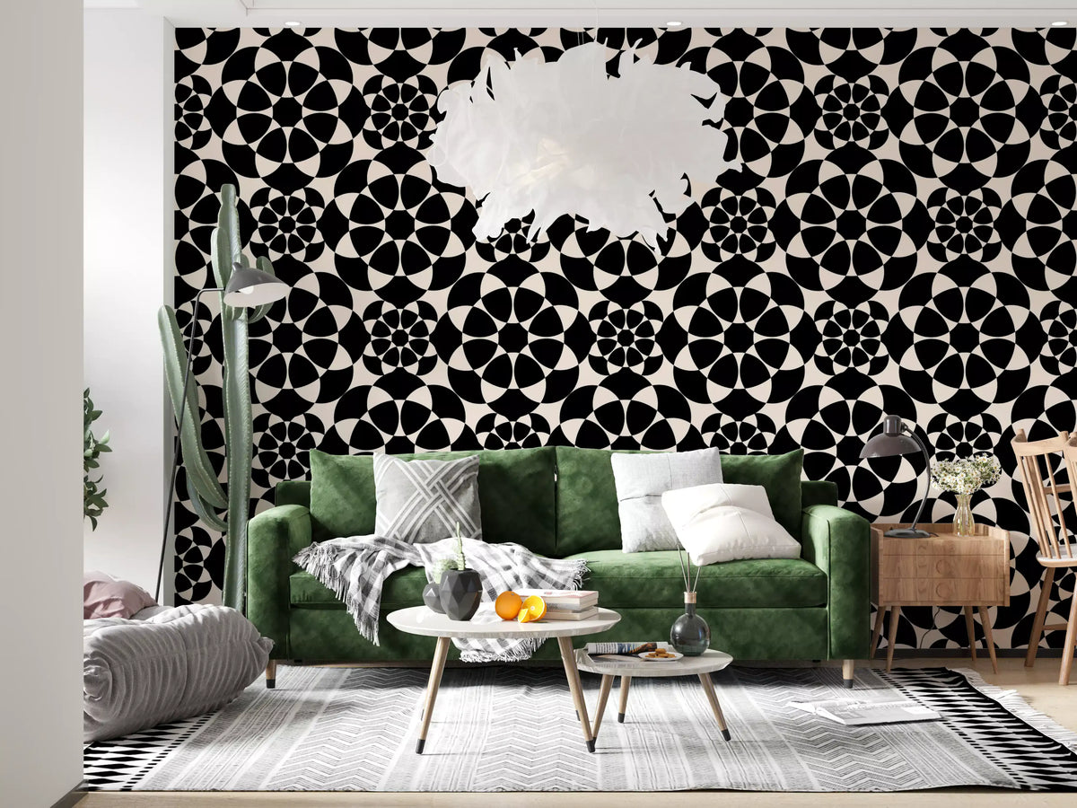 Geometric circle wallpaper in a living room with a green velvet sofa and round table GD12506
